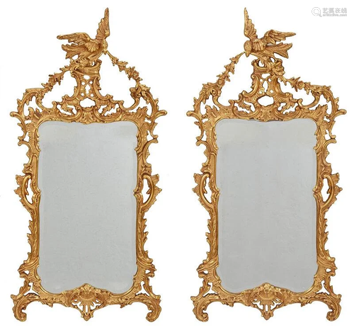 Pair Chippendale Style Gilt Beveled Glass Mirrors