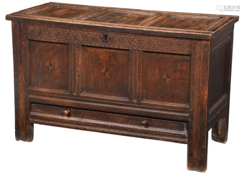 Charles II Carved Inlaid Oak Lift Top Chest