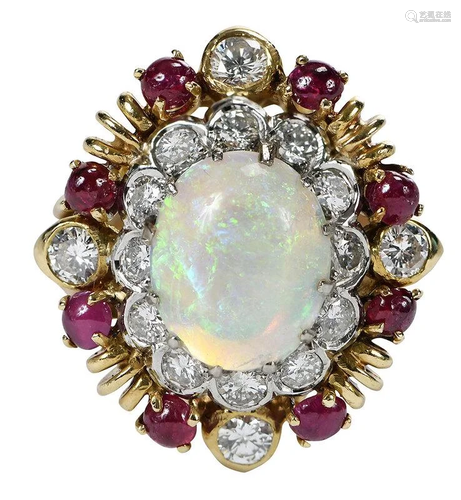 14kt. Opal, Diamond, and Ruby Ring