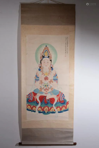 Chinese Ink Color Scroll Painting of Guanyin