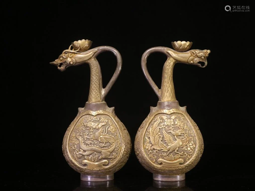 Pair of Chinese Gilt Silver Engraved Ewer