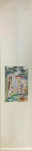 Chinese Ink Color Scroll Painting w Calligraphy