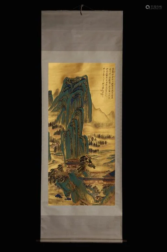 Chinese Ink Color Scroll Painting w Calligraphy