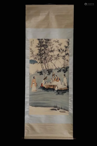 Chinese Ink Color Scroll Painting w Calligraphy