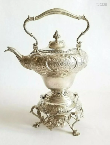 Lrg 19C American Coin Silver Repousse Kettle 1840