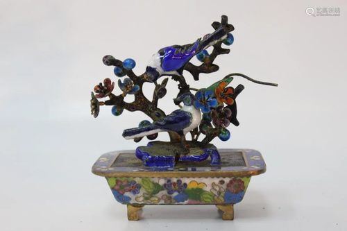 Chinese Miniature Enamel Cloisonne Planter w 2 Bir