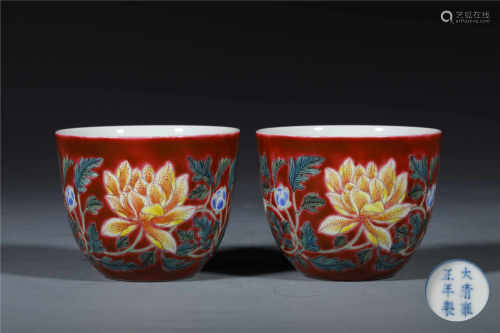 A PAIR OF CORAL GLAZE LOWLS