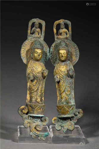 A SET OF GILDED BRONZE GUAN YIN STATUES