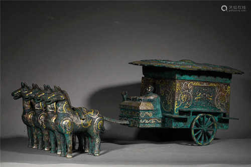 A BRONZE CHARIOT WITH HORSES