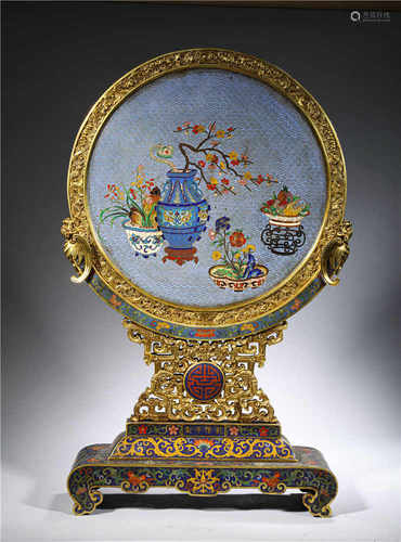 A BRONZE CLOISONNE TABLE SCREEN