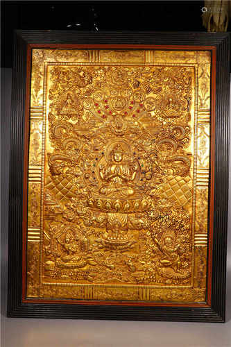 A GILDED BRONZE TANGKA TIBETAN BUDDHIST PAINTING