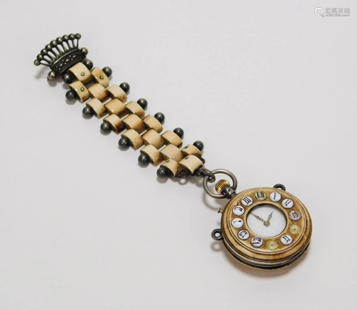 19C English Pocket Watch w/ Bone Fob Chain