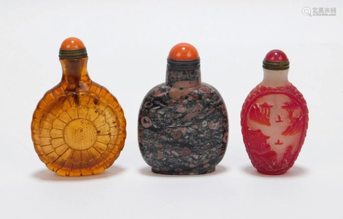 3PC Chinese Glass & Hardstone Snuff Bottles