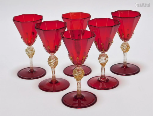 6PC Venetian Red Aventurine Wine Glasses