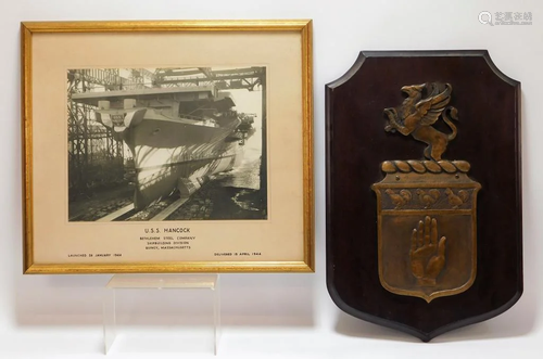 2PC USS Hancock Military Photograph & Coat of Arms