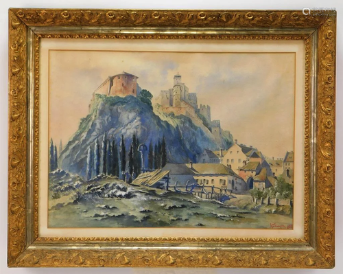 Signed European Castle Landscape WC Painting