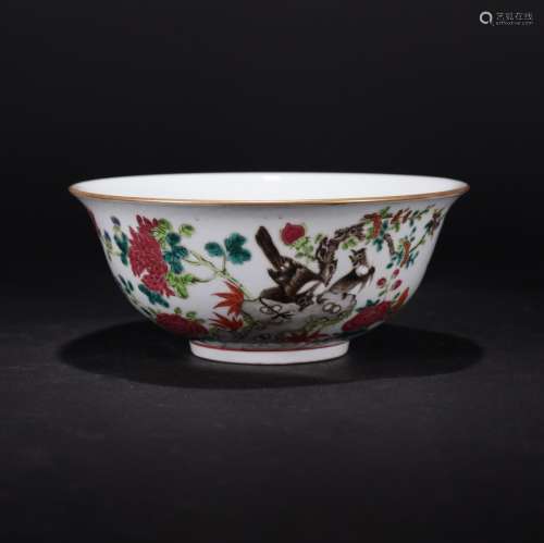 CHINESE FAMILLE ROSE BOWL WITH FLOWER AND BIRD PATTERN, QING...