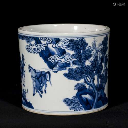 BLUE AND WHITE FIGURE PEN HOLDER, KANGXI PERIOD, QING DYNAST...