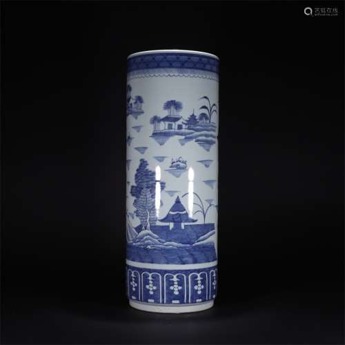 BLUE AND WHITE LANDSCAPE SWORD BARREL, QING DYNASTY, CHINA