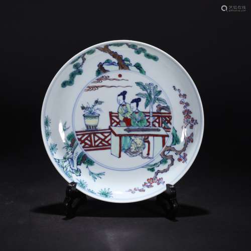 QING DYNASTY BLUE AND WHITE MULTICOLORED FIGURE PLATE, CHINA