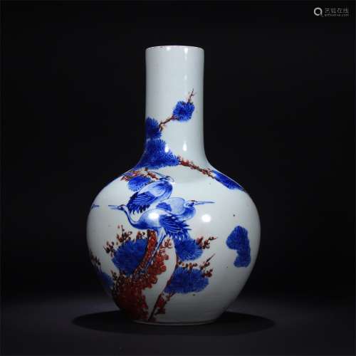BLUE AND WHITE VASE WITH RED PINE AND CRANE PATTERN, CHINA