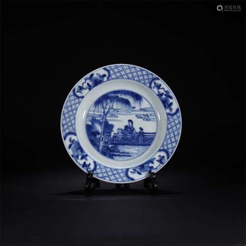 BLUE AND WHITE LANDSCAPE FIGURE PLATE, QING DYNASTY, CHINA