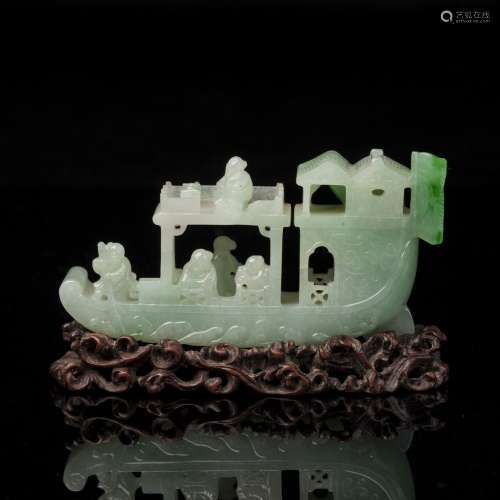 QING DYNASTY EMERALD CARVED FIGURE SHIP-SHAPED TABLE ORNAMEN...