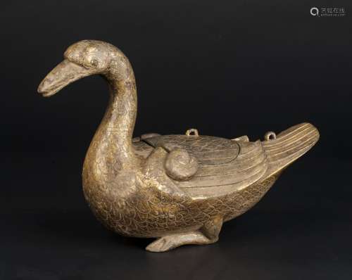 CHINESE GILDED DUCK STATUE, WARRING STATES