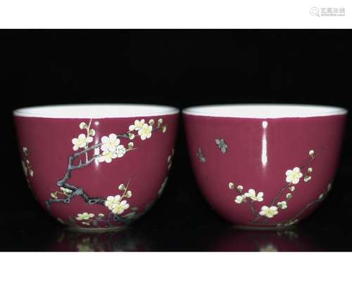 A PAIR OF RED-GLAZE PEACH-BLOSSOM CUPS