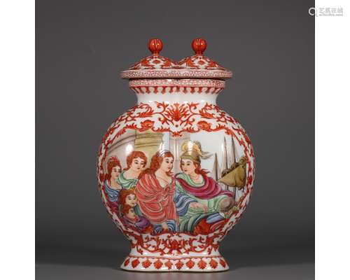 A PAINTED ENAMEL DUAL-HEAD VASE AND COVERS