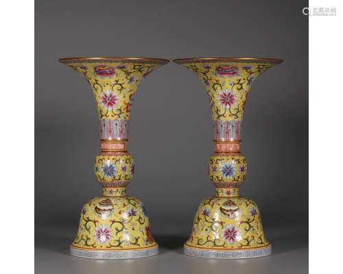 A PAIR OF FAMILLE ROSE GU-FORM VASES
