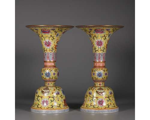 A PAIR OF FAMILLE ROSE GU-FORM VASES