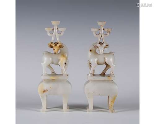 Matched Pair Carved White Jade Lamps