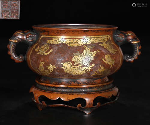 MENGJIA JIACANG MARK GILT BRONZE BEAST PATTERN CENSER