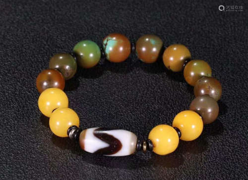 TIBETAN BROWN TURQUOISE BRACELET WITH BEESWAX DZI