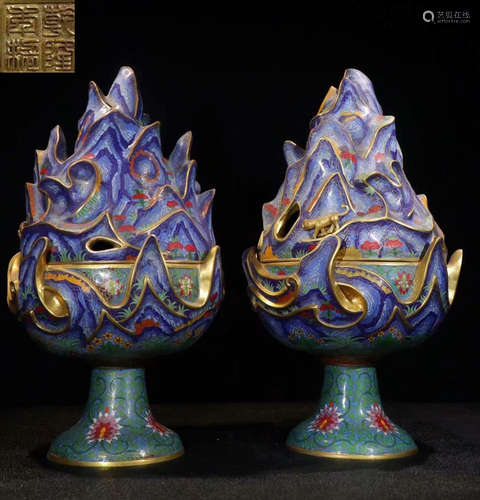 PAIR OF QIANLONG MARK CLOISONNE BOSHAN CENSERS