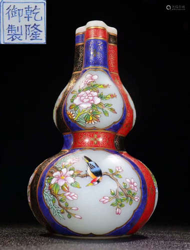 GLASS ENAMELED FLOWER BIRD GOURD VASE