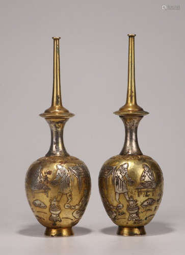 PAIR OF GILT SILVER FIGURE STORY VASES