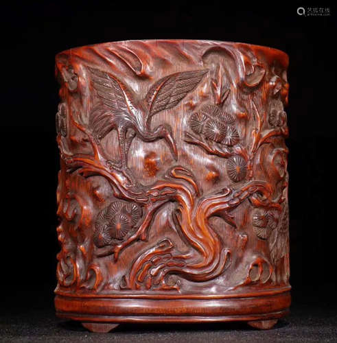 BAMBOO CARVED CRANE&PINE PATTERN BRUSH POT