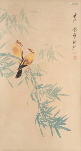 A CHINESE FLOWERS & BIRD PAINTING SCROLL, PU ZUO MARK