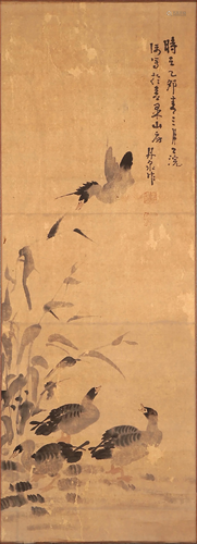 A CHINESE BIRDS PAINTING SCROLL, WU GUXIANG MARK