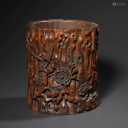 A PLUM BLOSSOM CARVED BAMBOO BRUSH POT