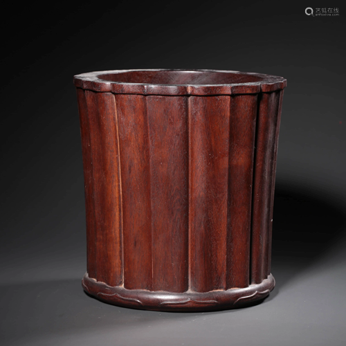 A LOBULAR RED SANDALWOOD BRUSH POT