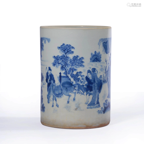 A BLUE AND WHITE FRIENDS FIGURES PORCELAIN BRUSH POT