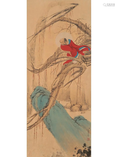 A CHINESE ARHAT PAINTING SCROLL, DING GUANPENG MARK