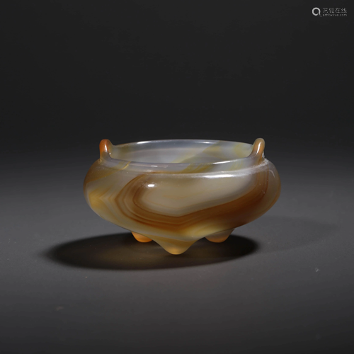 A DOUBLE EARS AGATE TRIPOD INCENSE BURNER