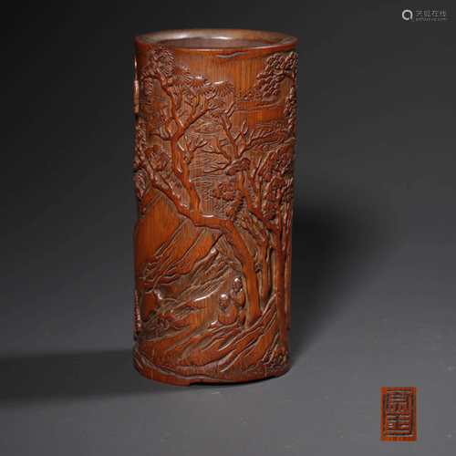 A LANDSCAPE & FIGURES CARVED BAMBOO BRUSH POT