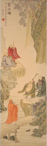 A CHINESE ARHAT PAINTING SCROLL, LIU LINGCANG MARK