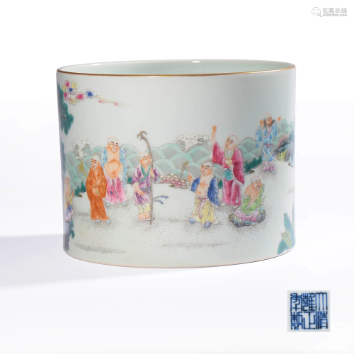 A FAMILLE ROSE EIGHTEEN ARHATS PAINTED PORCELAIN BRUSH