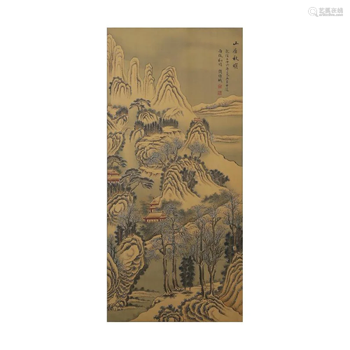 A CHINESE LANDSCAPE PAINTING SILK SCROLL, QIAN WEIC…